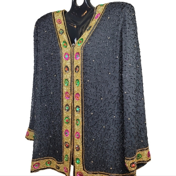 *VINTAGE*TAN CHHO Silk Sequin Jeweled Beaded Jacket - Picture 11 of 16